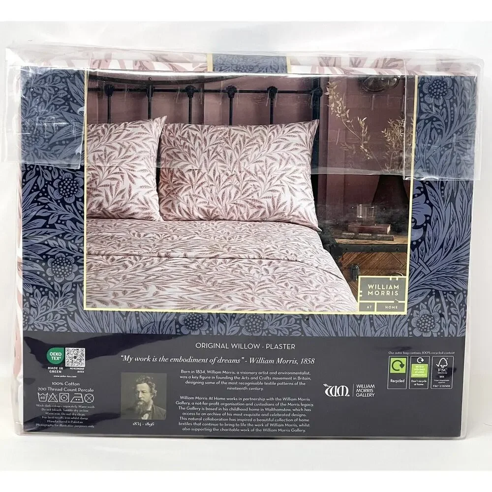 William Morris Original Willow Plaster Pink KING Cotton Percale Sheet Set Leaves